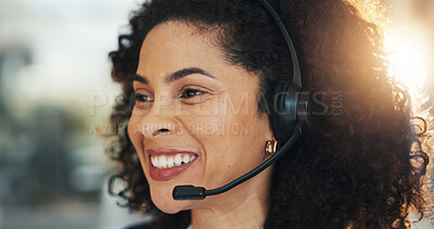 Buy stock photo Smile, call center agent and woman with customer service, help desk or language translation. Inbound, contact us and  happy African consultant with headset for multilingual support, crm or advice