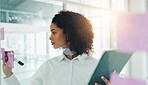 Fashion, brainstorm and woman in office with tablet, creativity and inspiration for trend report. Ideas, marketing and designer in workplace with sticky note, vision and forecast for style analysis.