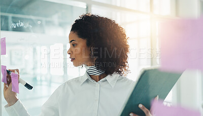 Buy stock photo Fashion, brainstorming and woman in office with sticky note, creativity and writing for trend report. Ideas, market research and designer in workplace with tech, vision and agenda for style analysis.