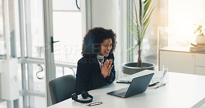 Buy stock photo Business woman, clapping and laptop for success, email notification with reward or bonus for corporate project. Female person, happiness and tech for profit announcement, good news and applause