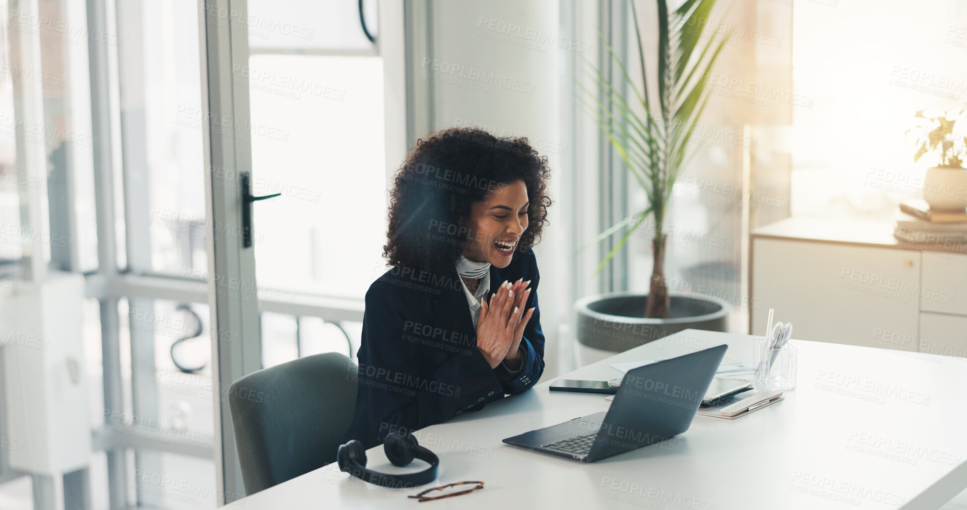 Buy stock photo Business woman, clapping and laptop for success, email notification with reward or bonus for corporate project. Female person, happiness and tech for profit announcement, good news and applause