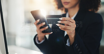 Buy stock photo Hands, credit card and business woman with phone for ecommerce, corporate purchase or online shopping. Debit, payment and female person for professional expense, internet banking or fintech app flare