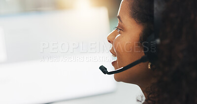 Buy stock photo Profile, call center agent and woman with help desk, customer service or language translation. Inbound, contact us and happy African consultant with headset for multilingual support, talking or space