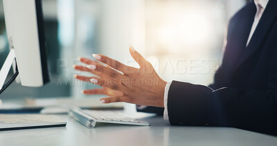 Buy stock photo Hands, video call and computer with business woman in office for online meeting, planning and webinar. Virtual workshop, conference streaming and explain with person in agency for communication