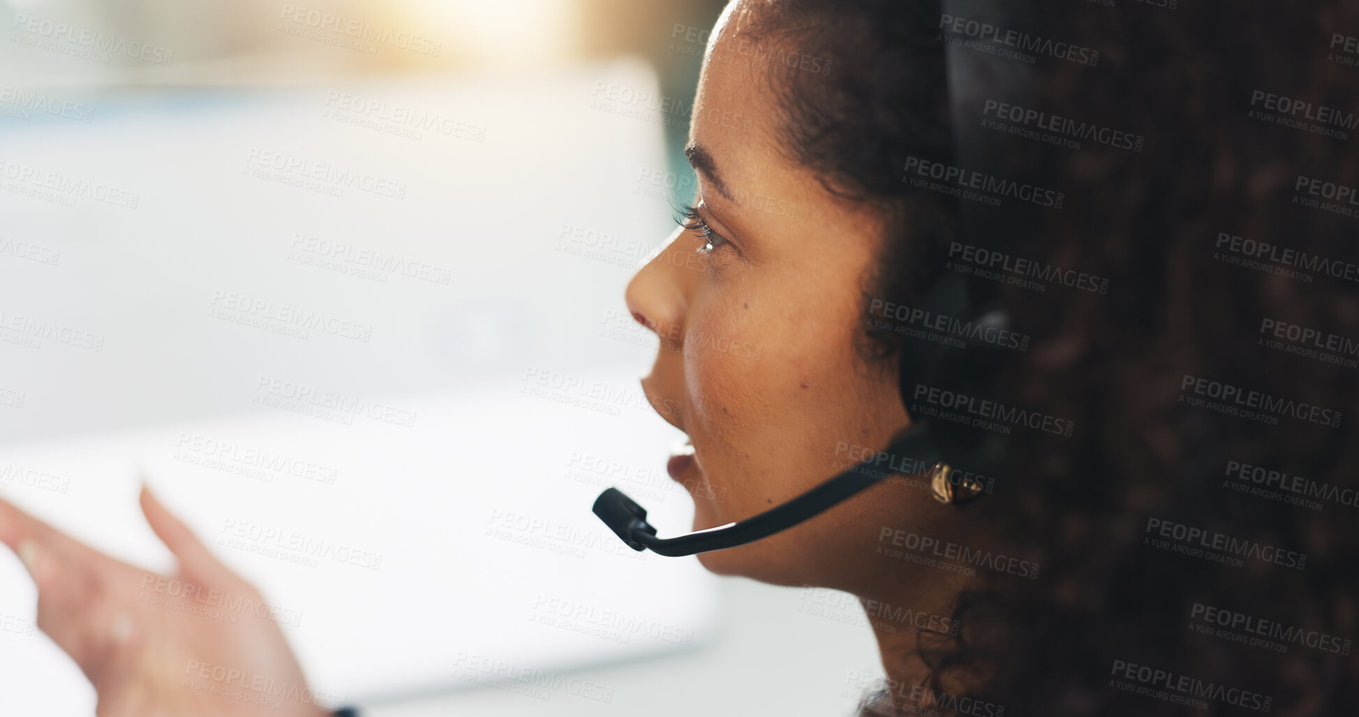 Buy stock photo Profile, call center agent and woman with customer service, help desk or language translation. Talking, contact us and inbound consultant with headset for multilingual support, crm advice and space