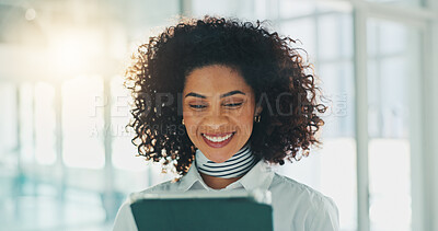 Buy stock photo Smile, business and woman with tablet in office for research, contact source and confirm schedule. Journalist, reading and digital for editor feedback, fact check and online questions for publication