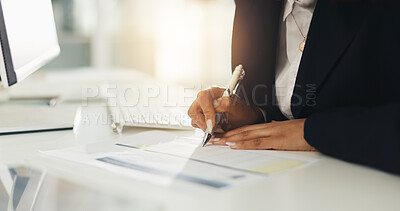 Buy stock photo Business, hands and woman with documents, writing and economy feedback with profit increase. Person, investor and employee in office, schedule and paperwork with stats, signature and investment deal
