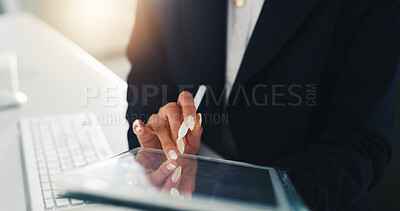 Buy stock photo Tablet, hands and woman in workplace, stylus and email for economy feedback, digital app and stats. Person, investor and employee in office, internet and report for profit increase and connection