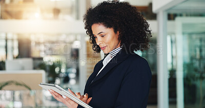 Buy stock photo Business, woman and reading with tablet in office for research, contact source and confirm schedule. Journalist, smile and digital for editor feedback, fact check and online questions for publication