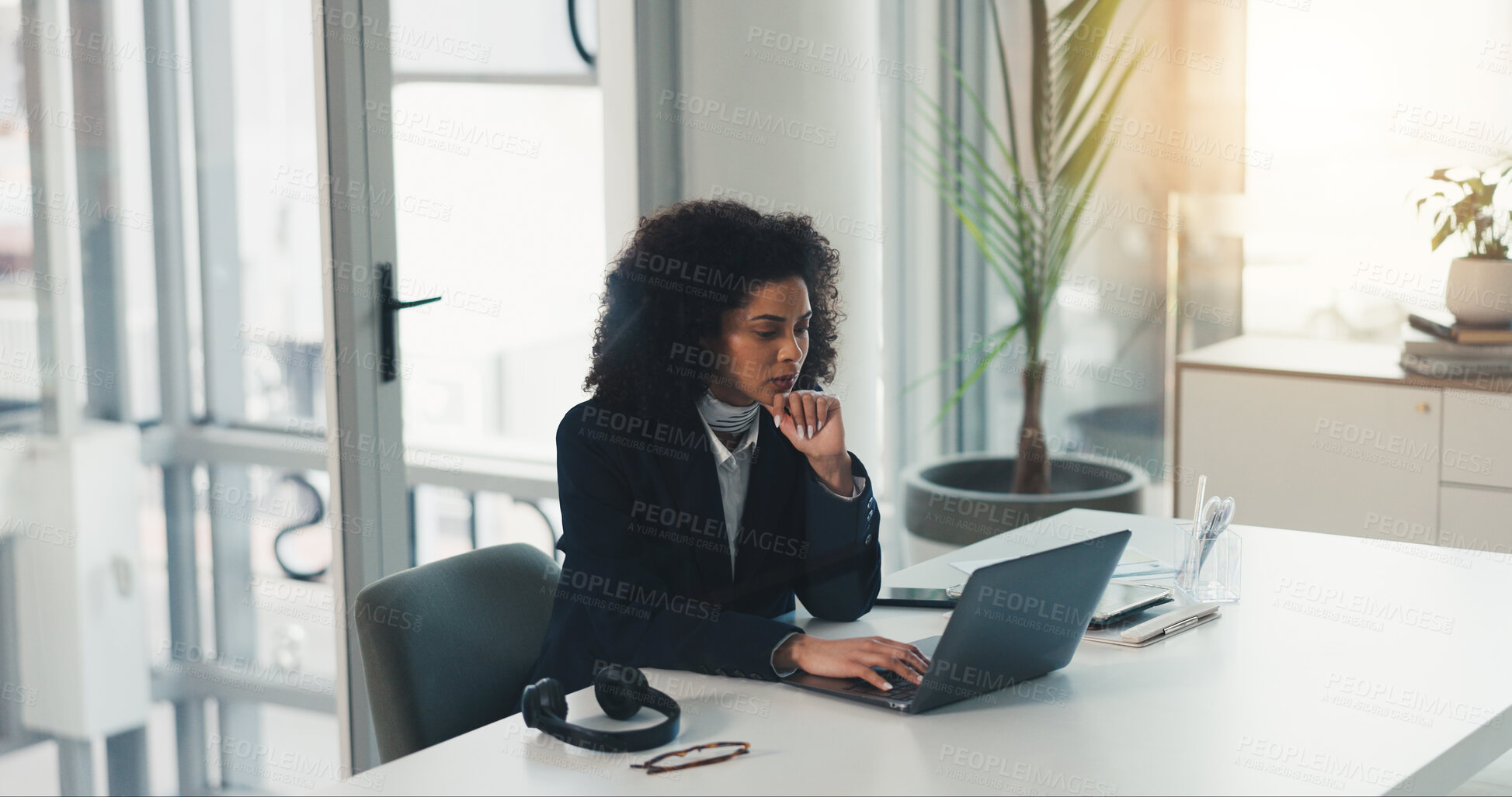 Buy stock photo Business woman, laptop and thinking at desk for trading information, research and investment insight online. Person, broker and vision for stock market, financial decision or pc for trade inspiration