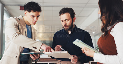 Buy stock photo Group, business people and discussion with tablet in office, planning or insurance policy. Technology, meeting and broker talk with team for project, development or proposal for premium coverage