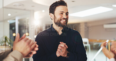 Buy stock photo Business, man and team applause in office for success, employee recognition and good news. Male person, staff and clapping hands for winning praise, congratulations and thank you of company promotion