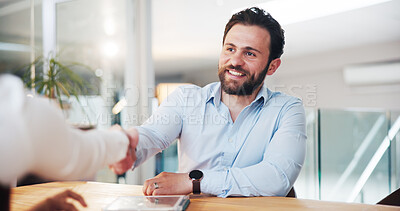 Buy stock photo Partnership, business deal or man in office with handshake, recruitment or agreement on terms and conditions. Smile, meeting or employer in company with contract, hiring and success for job interview