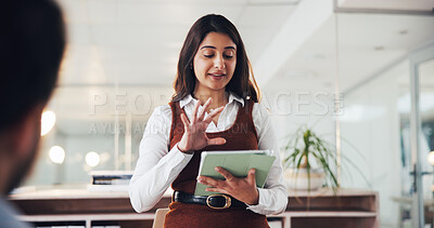 Buy stock photo Meeting, business and woman with tablet in office for planning, intern training and article feedback. Person, digital and talking to team for schedule, coaching tips and headline ideas of publication