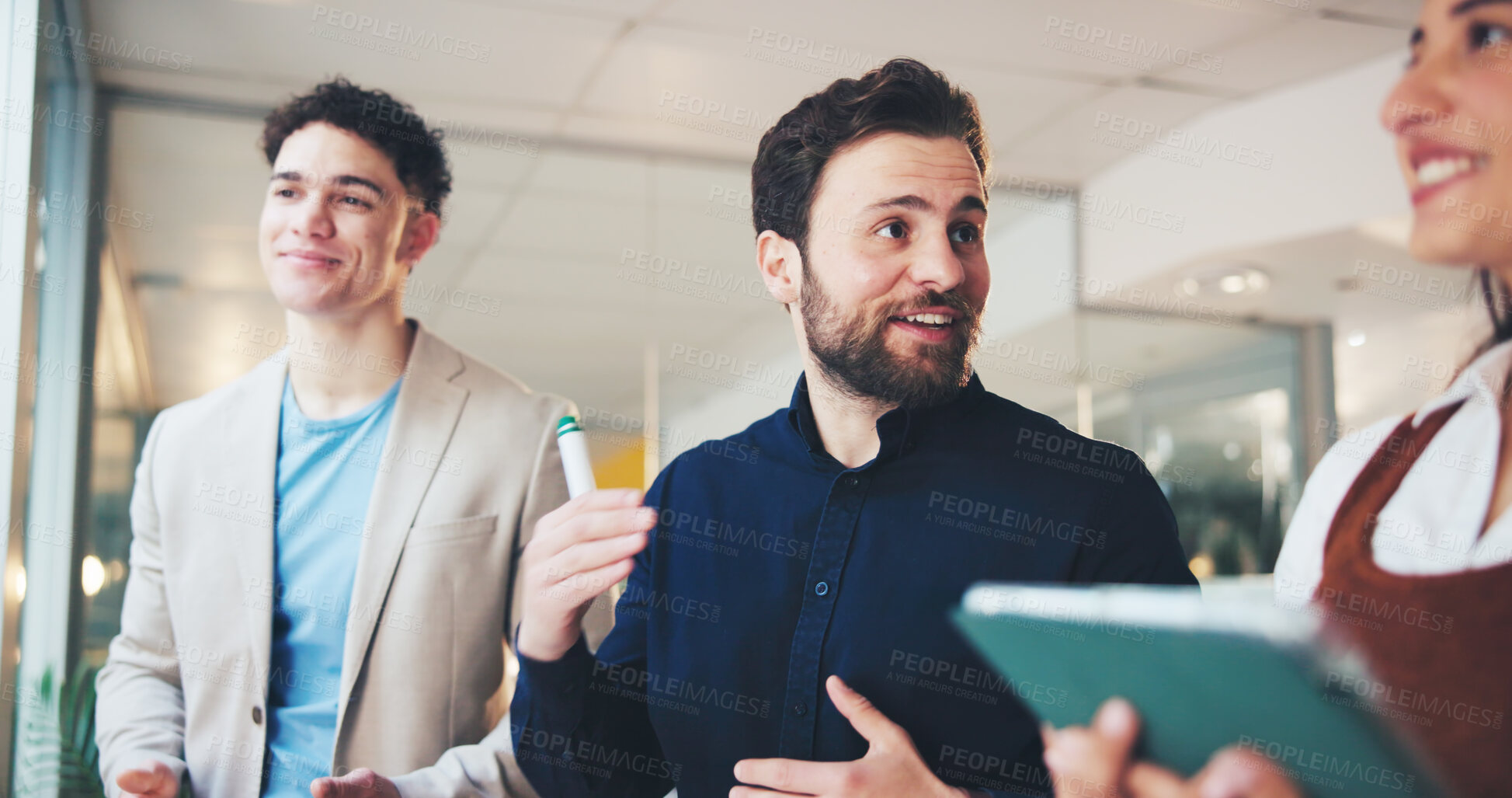 Buy stock photo Meeting, business and people explain in office for planning, intern training and article feedback. Man, speaking and team with tablet for steps, coaching tips and headline ideas for story publication