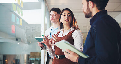 Buy stock photo Business people, discussion and schedule planning with tablet on glass board for project in office. Group, employees or team brainstorming with technology or notes for company ideas, agenda or tasks