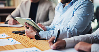 Buy stock photo Tablet, team and meeting with hands of business people in office for planning, finance report and invoice review. Budget proposal, audit research and collaboration with employees and documents