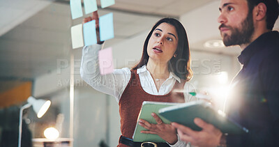 Buy stock photo Business people, writing or sticky note with tablet for brainstorming or schedule planning. Businessman, woman or colleagues with technology for company strategy, project ideas or flare in workplace