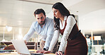 Team, business people and proposal on laptop in office, planning or insurance policy at night. Computer, meeting or broker talk for project, development or discussion for premium coverage on overtime