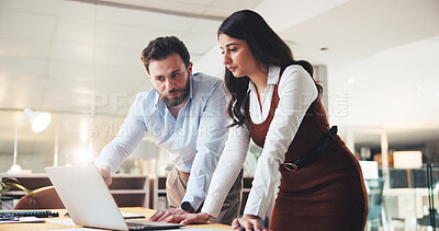 Buy stock photo Team, business people and proposal on laptop in office, planning or insurance policy at night. Computer, meeting or broker talk for project, development or discussion for premium coverage on overtime