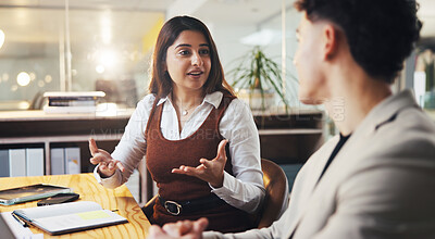 Buy stock photo Meeting, creative and people explain in office for planning, intern training and article feedback. Woman, talking and team listening for steps, coaching advice and headline ideas of story publication