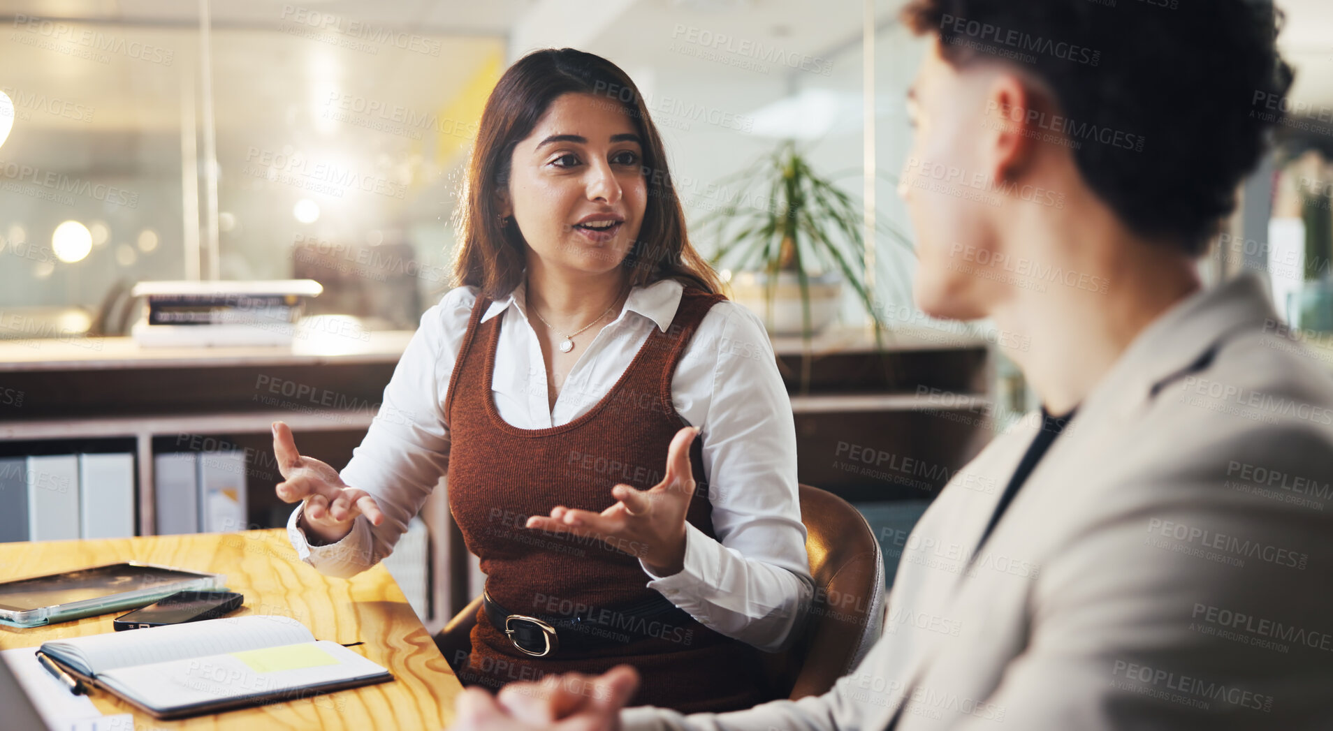 Buy stock photo Meeting, creative and people explain in office for planning, intern training and article feedback. Woman, talking and team listening for steps, coaching advice and headline ideas of story publication