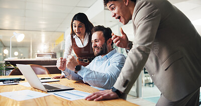 Buy stock photo Laptop, team and success with business people in office for account growth, winner and profit, Achievement, investment bonus and collaboration with employees in agency for partnership and promotion