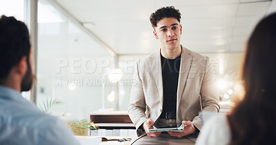 Buy stock photo Business, presentation and man in meeting, tablet and teamwork with financial agency. People, employees and presenter in office, tech and conversation with investment review and info for trading