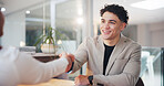 Happy, businessman and meeting with handshake for introduction, welcome or partnership in office. Man, employee or colleagues shaking hands with smile for b2b, deal or agreement together in workplace