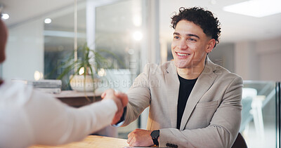 Buy stock photo Happy, businessman and meeting with handshake for introduction, welcome or partnership in office. Man, employee or colleagues shaking hands with smile for b2b, deal or agreement together in workplace