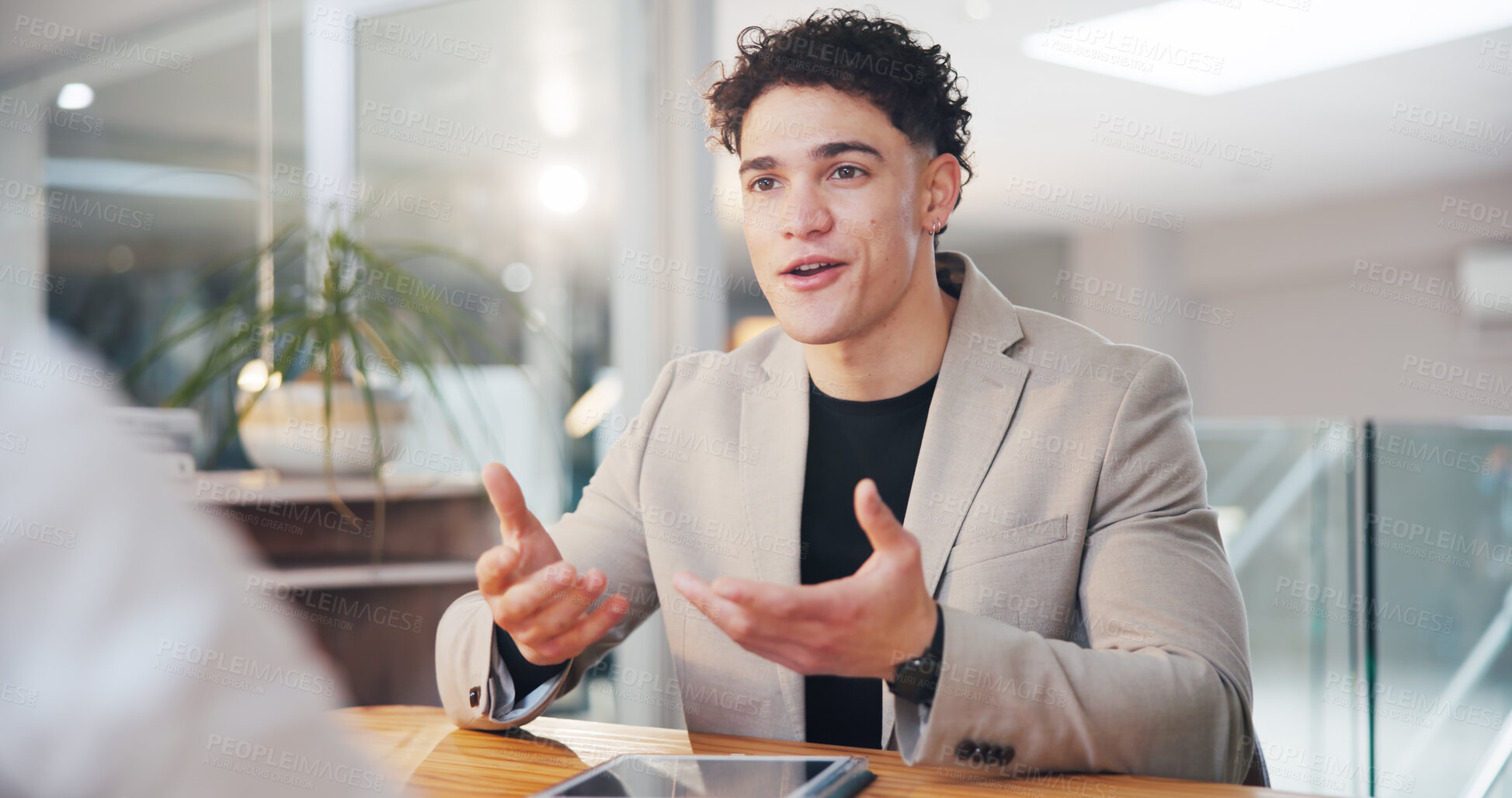 Buy stock photo Meeting, business and man explain in office for planning, intern training and article feedback. Person, talking and procedure for copywriting, coaching advice and headline ideas for story publication