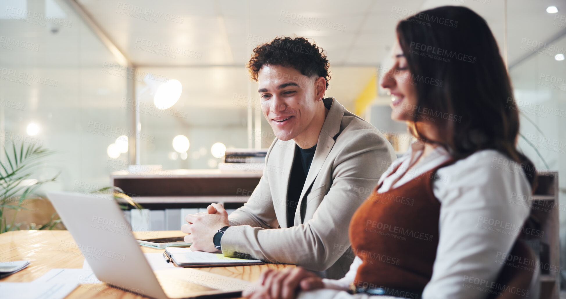 Buy stock photo Laptop, team and reading with business people in office for account manager, research and report. Feedback, investment review and collaboration with employees in agency for partnership and discussion
