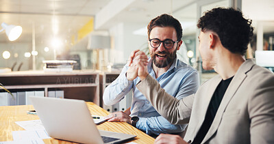 Buy stock photo Laptop, handshake and success with business people in office for account growth, winner and profit. Achievement, investment bonus and collaboration with employees for partnership and promotion