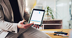Business, showing or hand in office with tablet, data analysis or review in financial company. Statistics, graph or person in workplace with digital technology, profit growth or expenses in report