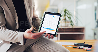 Buy stock photo Business, screen or hand in office with tablet, data analysis or review in financial company. Statistics, graph or person in workplace with digital technology, profit growth or expenses in report