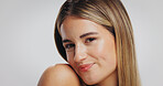 Portrait, woman and smile with skincare in studio for beauty, clear skin and natural shine. Female person, cosmetics and collagen repair from dermatology glow, treatment results and white background