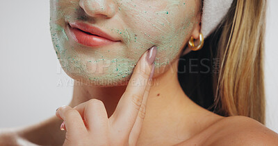 Buy stock photo Clay mask, skincare and mouth of woman in studio for beauty, wellness and detox on white background. Dermatology, spa and face of girl with organic facial for anti aging, natural cosmetics or cleanse