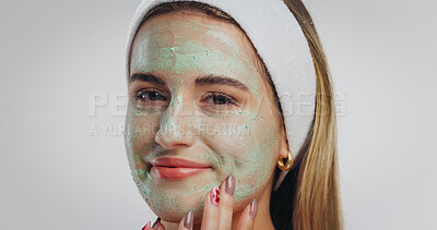 Buy stock photo Clay mask, beauty and portrait of woman in studio for skincare, wellness and detox on white background. Dermatology, mockup space and person with organic facial for anti aging, cosmetics and grooming