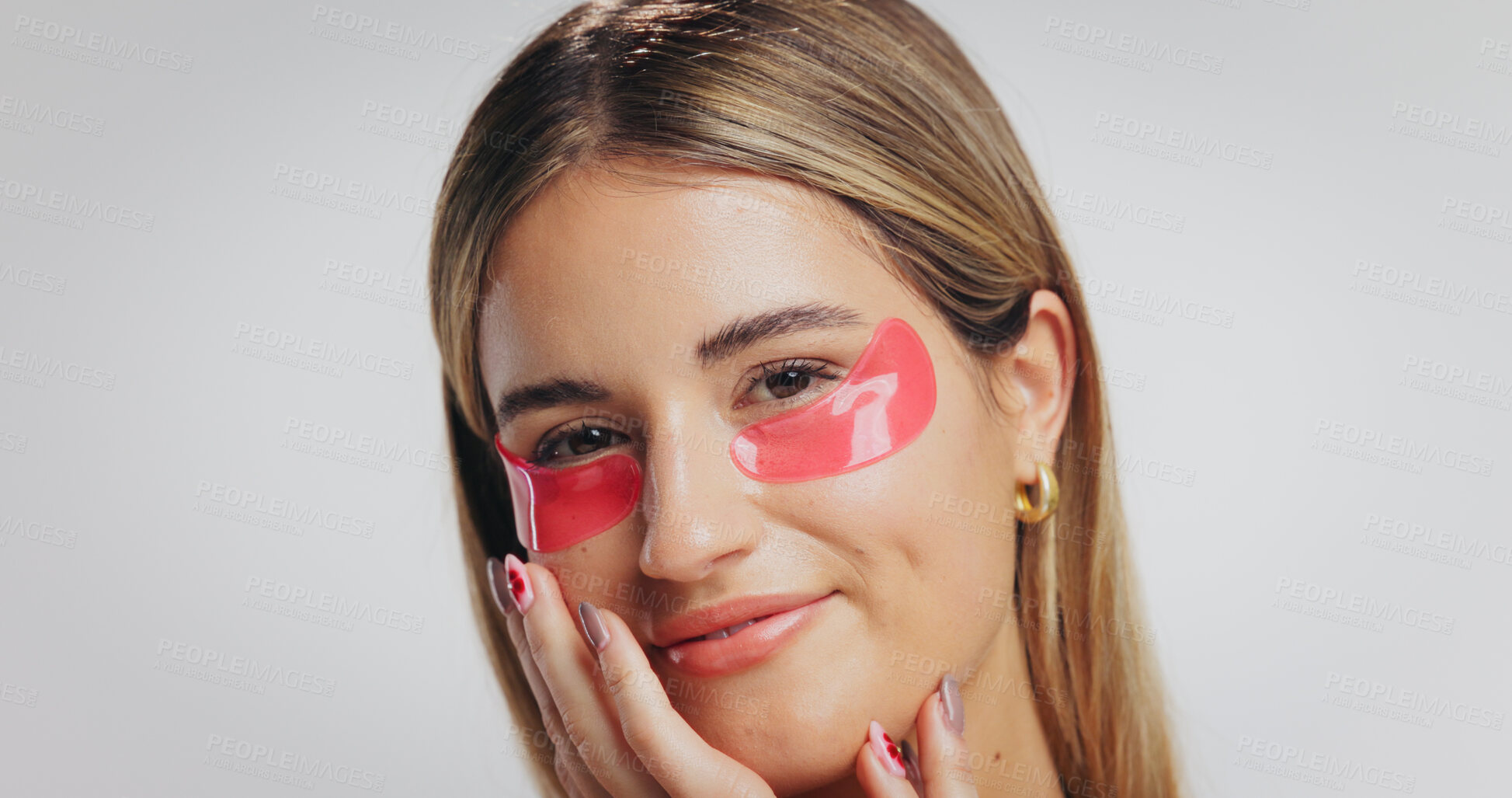 Buy stock photo Eye mask, skincare and portrait of woman in studio for detox, wellness and beauty. Dermatology, mockup space and person with patches for anti aging, collagen benefits and facial on white background