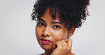 Skincare, beauty and portrait of black woman in studio for dermatology, wellness and skin glow. Mockup, space and face of person with natural hair for cosmetics, grooming or salon on white background
