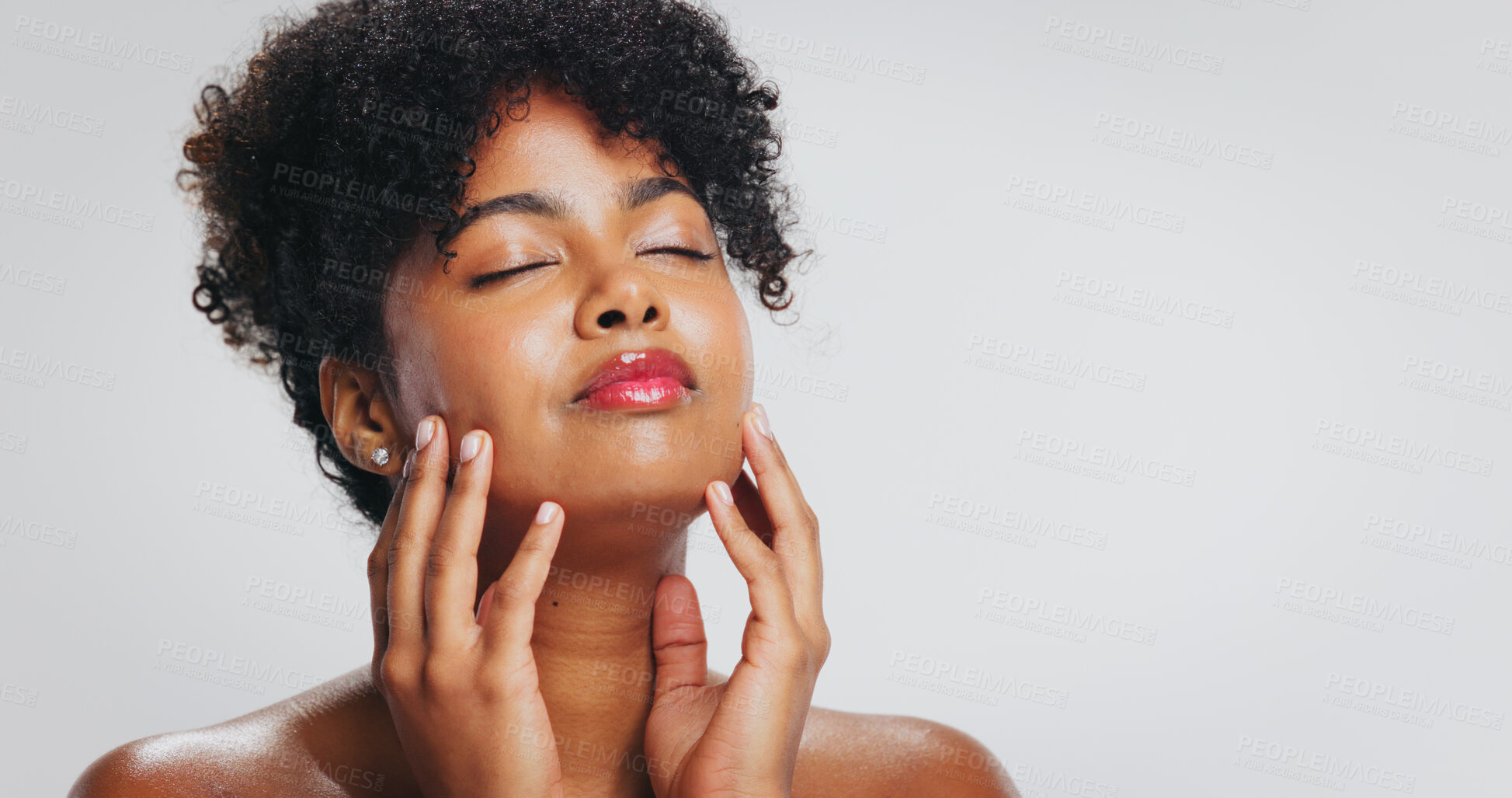 Buy stock photo Beauty, relax and woman with lipstick, studio or color for self care, moisturizer or cosmetics. White background, mockup space and skincare with dermatology for black person, makeup and glow