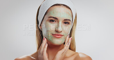 Buy stock photo Mud mask, portrait and woman in studio, skincare and dermatology on white background. Wellness, space and person with natural cosmetics, healthy skin and facial product with clay, beauty and detox