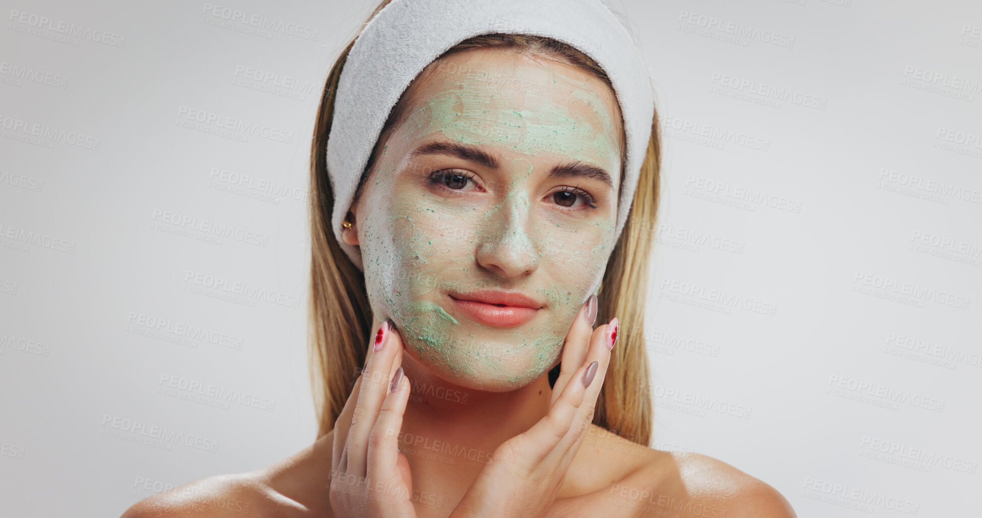 Buy stock photo Mud mask, portrait and woman in studio, skincare and dermatology on white background. Wellness, space and person with natural cosmetics, healthy skin and facial product with clay, beauty and detox