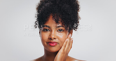 Buy stock photo Touch, beauty and portrait of black woman in studio for dermatology, wellness and skin glow. Mockup, space and face of person with natural hair for cosmetics, grooming or skincare on white background