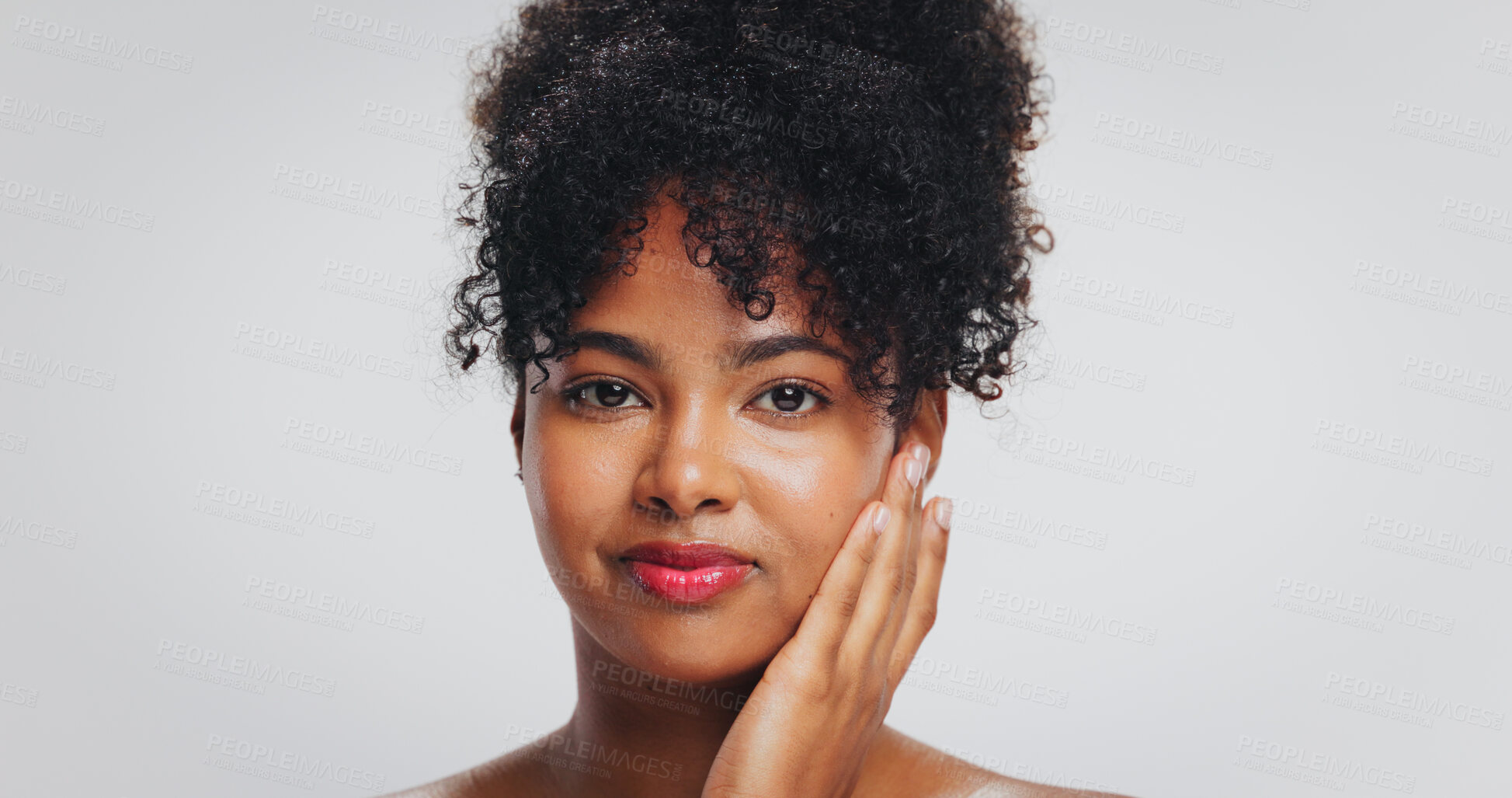 Buy stock photo Touch, beauty and portrait of black woman in studio for dermatology, wellness and skin glow. Mockup, space and face of person with natural hair for cosmetics, grooming or skincare on white background