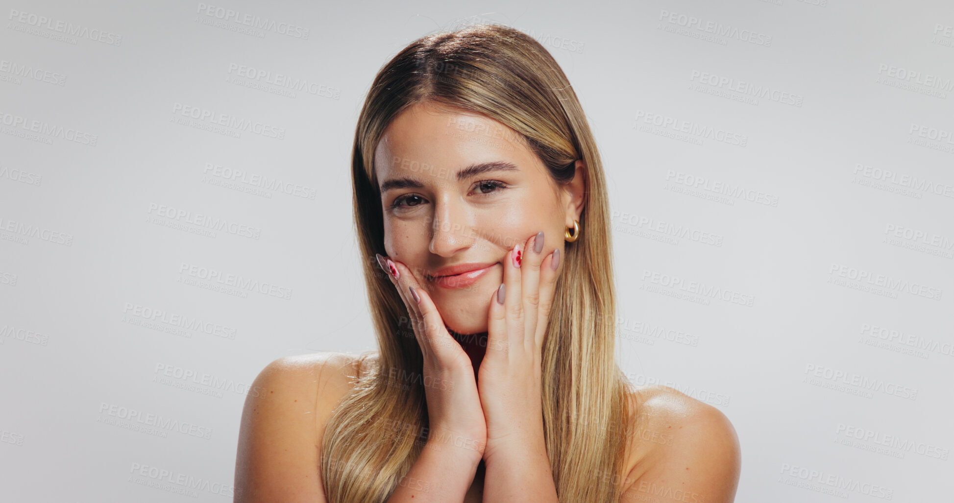 Buy stock photo Beauty, woman and smile with skincare in studio for dermatology, healthy glow and portrait. Mockup space, person and touch face on white background for natural cosmetics, skin wellness and anti aging