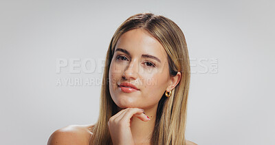 Buy stock photo Space, beauty and portrait of woman in studio for skincare, wellness and grooming on white background. Happy, mockup and person with smile for skin glow, shine and cosmetics for dermatology results