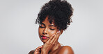 Makeup, shine and woman with lipstick, studio or color for self expression, beauty and mockup space. Calm, black person and skincare with cosmetics for glow, white background and dermatology for face