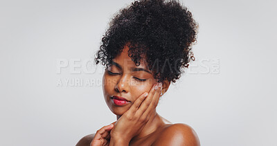 Buy stock photo Makeup, shine and woman with lipstick, studio or color for self expression, beauty and mockup space. Calm, black person and skincare with cosmetics for glow, white background and dermatology for face