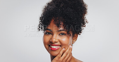 Buy stock photo Happy, beauty and portrait of black woman in studio for dermatology, wellness and skin glow. Mockup, space and face of person with natural hair for cosmetics, grooming or skincare on white background